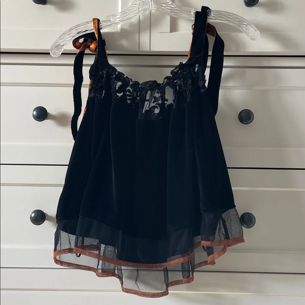 Free People Women’s Black Velvet Lace Trim Babydoll Orange Ribbon Straps - Small